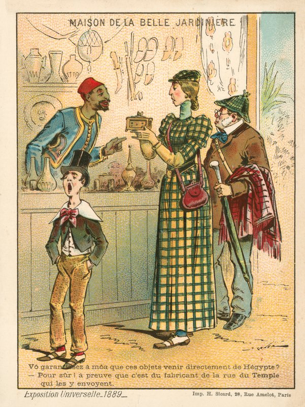 Woman examining Egyptian items, Exposition Universelle 1889, Paris by French School