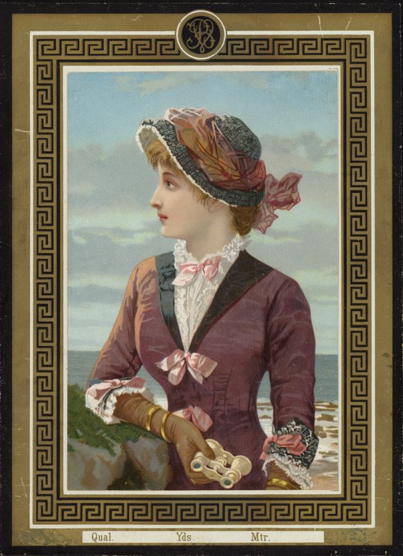 Woman looking out to sea with binoculars by French School