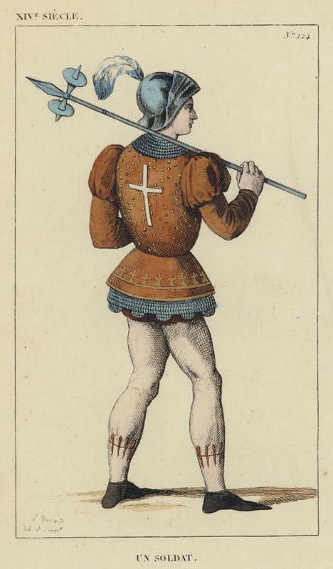 14th Century, A Soldier (colored engraving) by French School