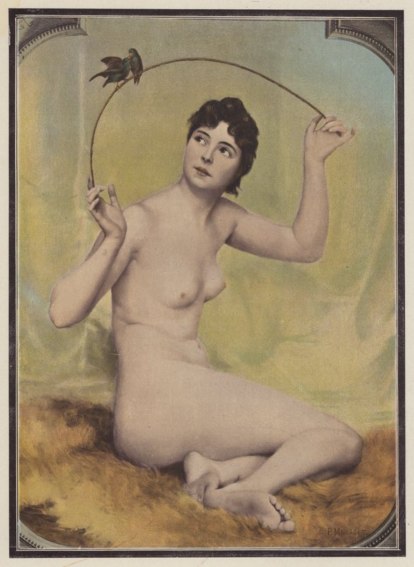 Young nude woman with birds by French School