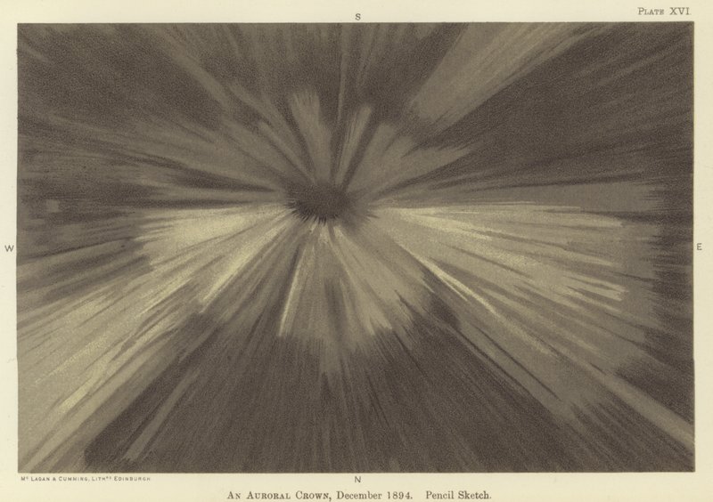 An auroral crown, December 1894, pencil sketch by Fridtjof Nansen