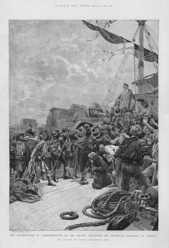 Mutiny on board the ship of Christopher Columbus during his first voyage to the New World by G.S. (after) Amato