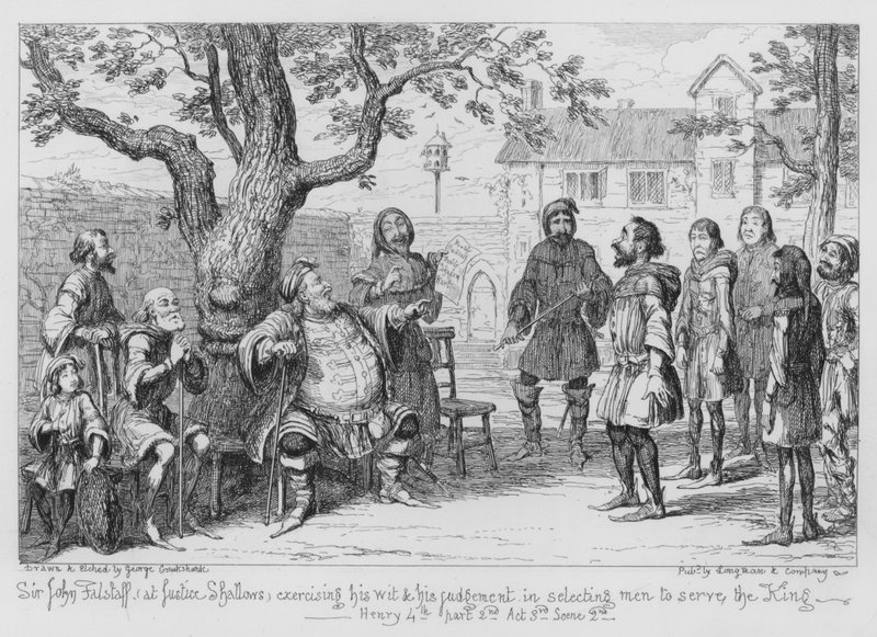 Sir John Falstaff, at Justice Shallows, Exercising His Wit and His Judgement in Selecting Men to Serve the King by George Cruikshank