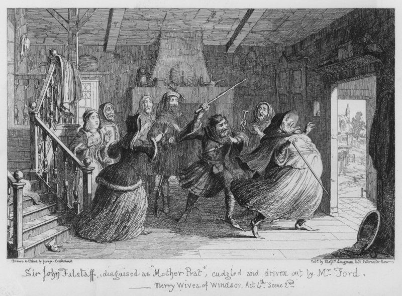 Sir John Falstaff, Disguised as Mother Prat, Cudgeled and Driven Out by Mr Ford by George Cruikshank
