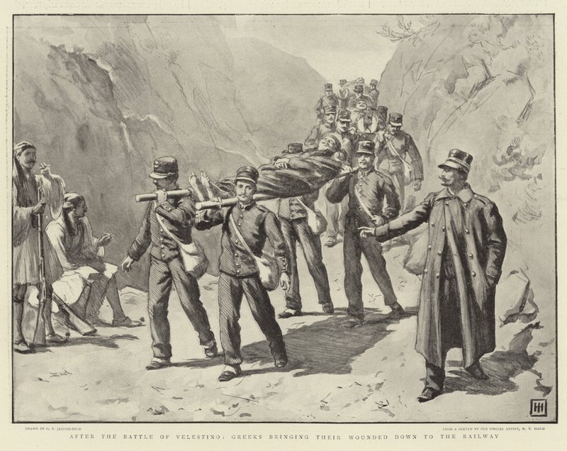 After the Battle of Velestino, Greeks bringing their Wounded down to the Railway by George Percy Jacomb Hood