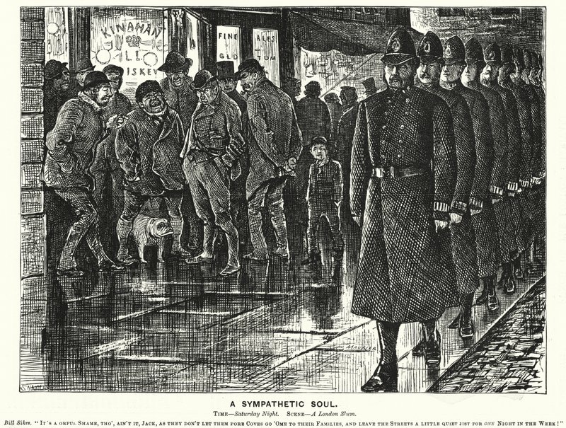 Punch cartoon: A Sympathetic Soul - policing the London slums by George (after) Du Maurier