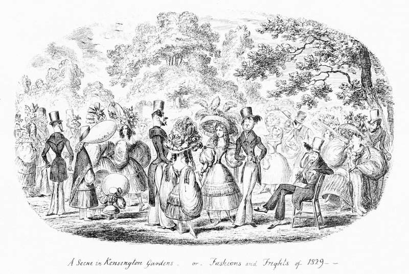 A Scene in Kensington Gardens, or Fashions and Frights of 1829 by George Cruikshank
