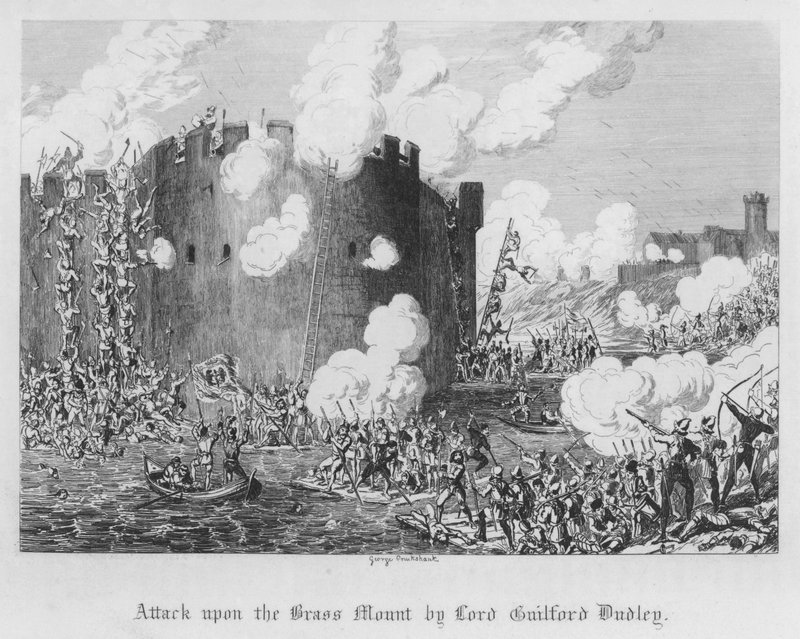 Attack upon the Brass Mount by Lord Guilford Dudley by George Cruikshank