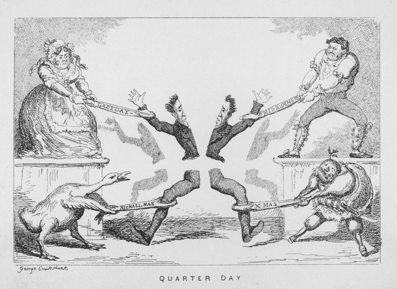 Quarter Day, Ladyday, Midsummer, Michaelmas, Christmas by George Cruikshank