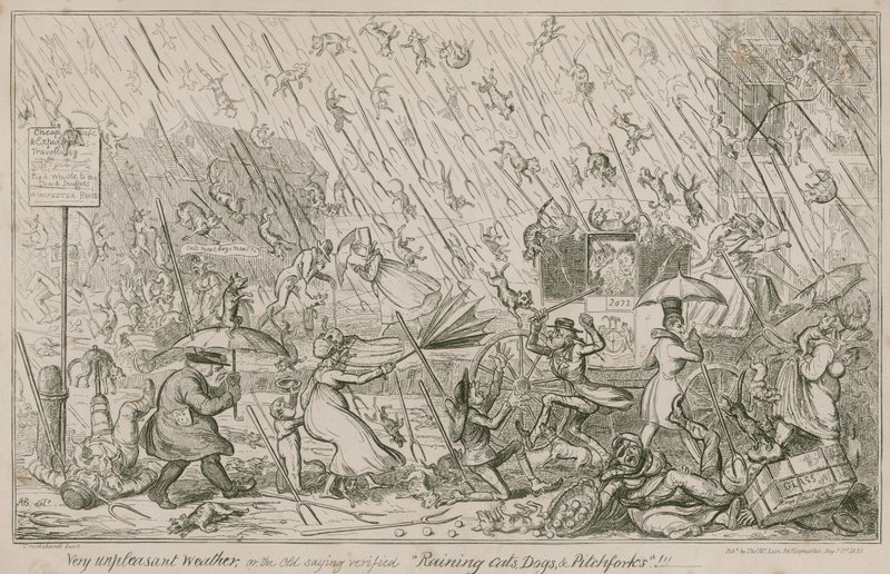 Raining Cats, Dogs and Pitchforks by George Cruikshank