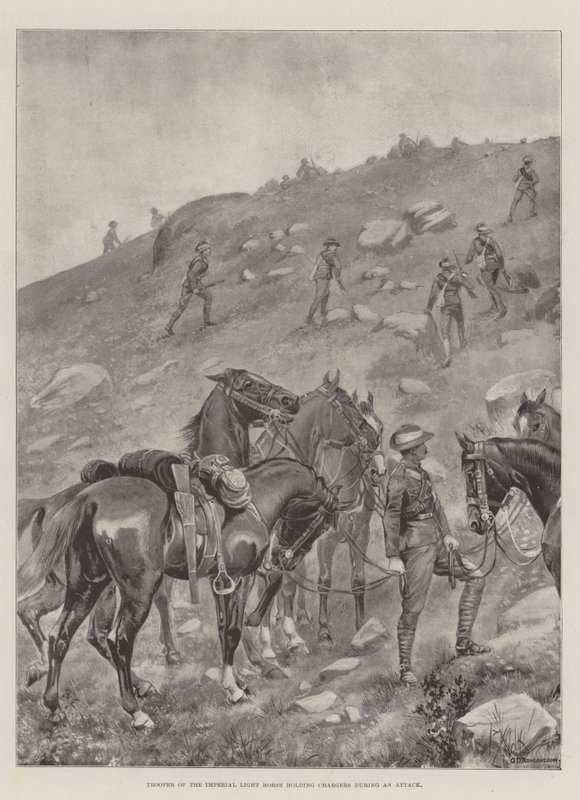 Trooper of the Imperial Light Horse Holding Chargers During an Attack by George Derville Rowlandson
