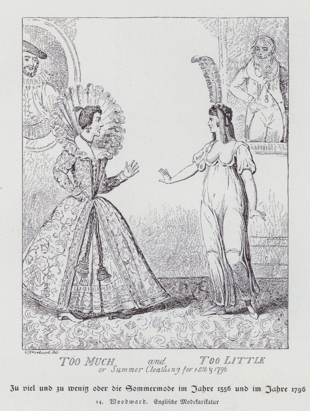 Too Much and Too Little, Summer Clothing for 1556 and 1796 by George Moutard (after) Woodward