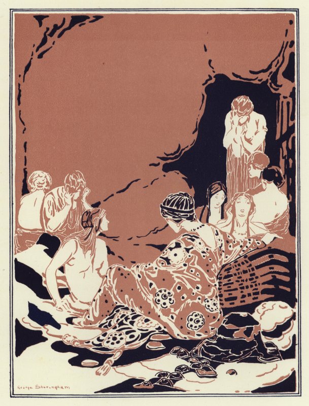 Many women sat around in a circle, all sad and weeping by George Sheringham