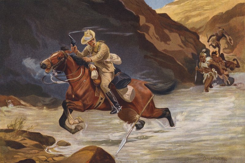 Dispatch rider being attacked by African warriors by George Soper