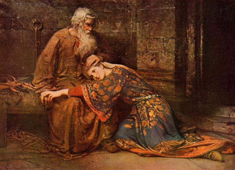 Shakespeare: Cordelia comforting King Lear in Prison, King Lear, Act V, Scene 3 by George William (after) Joy