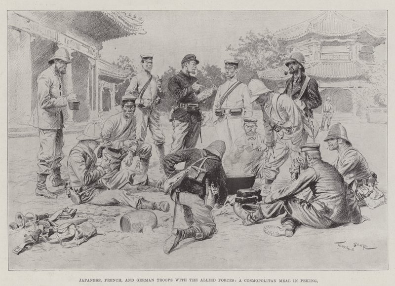 Japanese, French, and German Troops with the Allied Forces, a Cosmopolitan Meal in Peking by Georges Bertin Scott