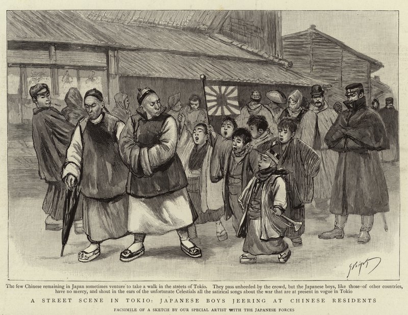 A Street Scene in Tokio, Japanese Boys Jerring at Chinese Residents by Georges Ferdinand Bigot