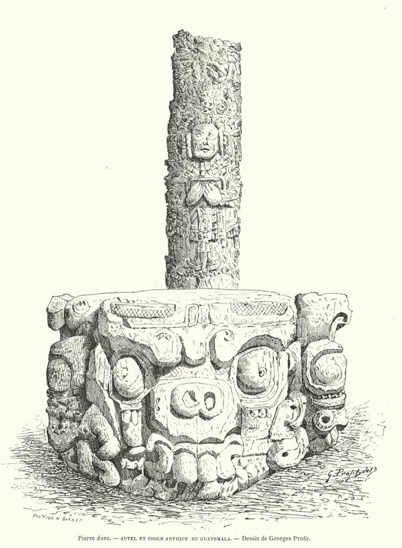 Mayan Carved Stone Altar and Idol from Guatemala (engraving) by Georges Ernest Profit