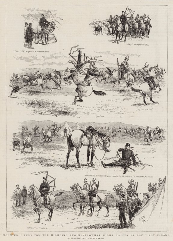 Mounted Pipers for the Highland Regiments, what might happen at the First Parade by Georges Ferdinand Bigot