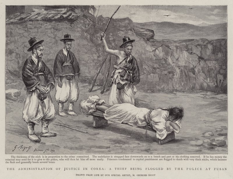 The Administration of Justice in Corea, a Thief Being Flogged by the Police at Fusan by Georges Ferdinand Bigot