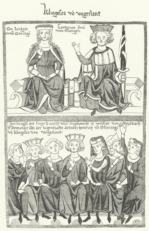 A depiction of the Sangerkrieg, a contest between minstrels at the Wartburg castle in Thuringia in 1207, from the Codex Manesse by German School