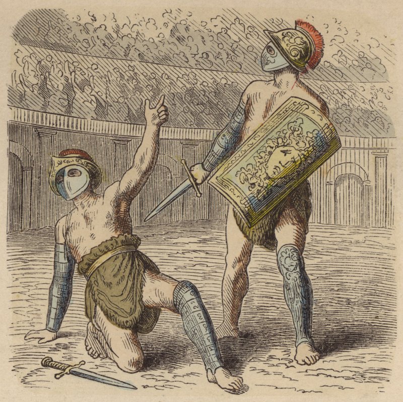 A wounded Roman gladiator pleading to the crowd for his life by German School