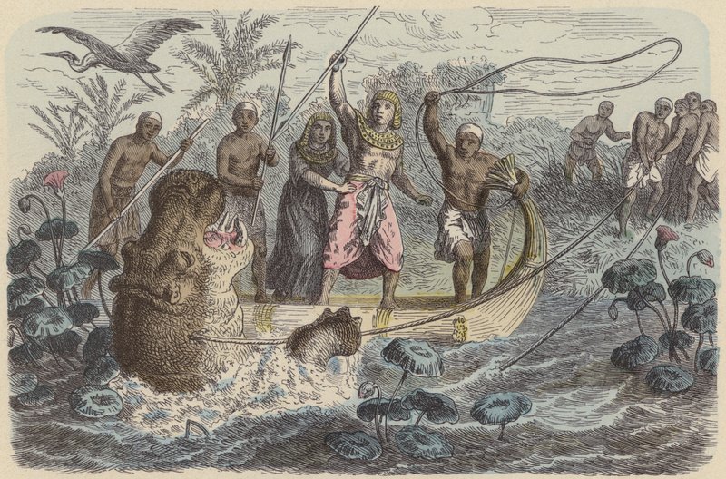 Ancient Egyptian pharaoh on a hippopotamus hunt by German School