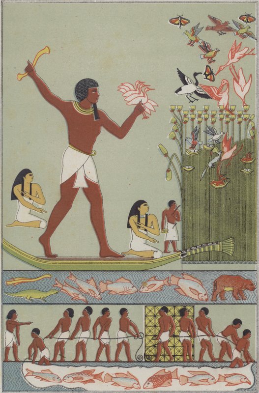 Ancient Egyptians fishing and hunting birds by German School