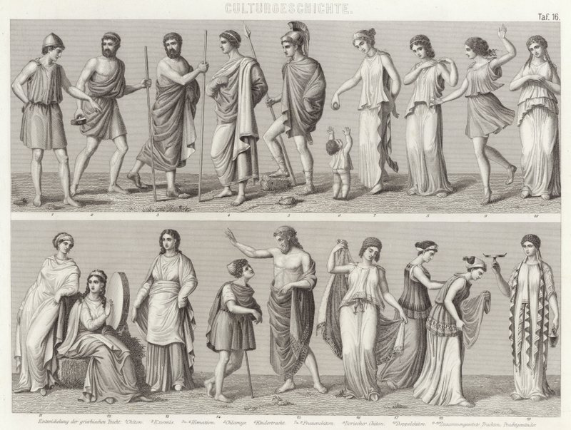 Ancient Greek costumes. Illustration for Bilder-Atlas by German School