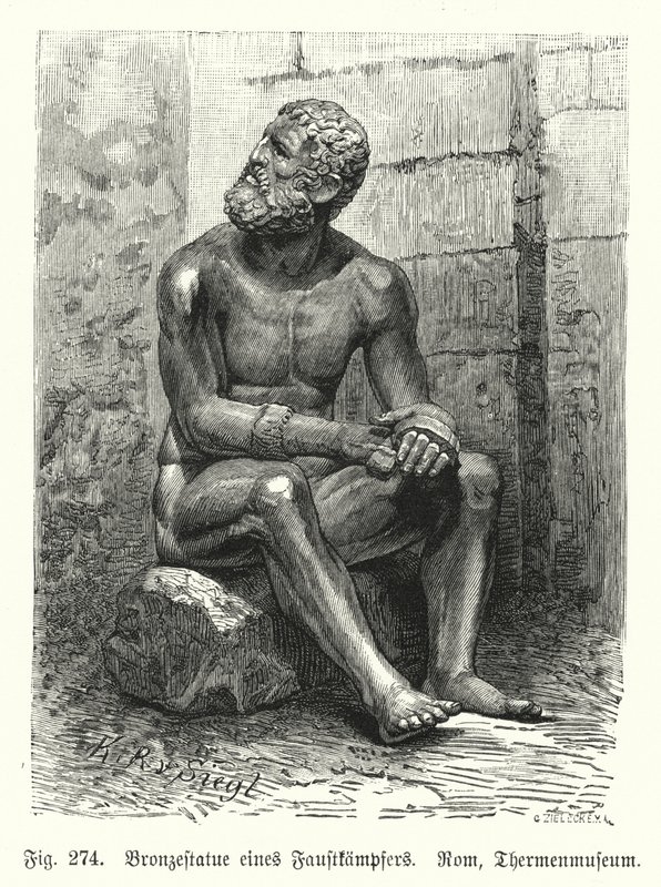 Ancient Greek or Roman Bronze Statue of a Seated Boxer by German School