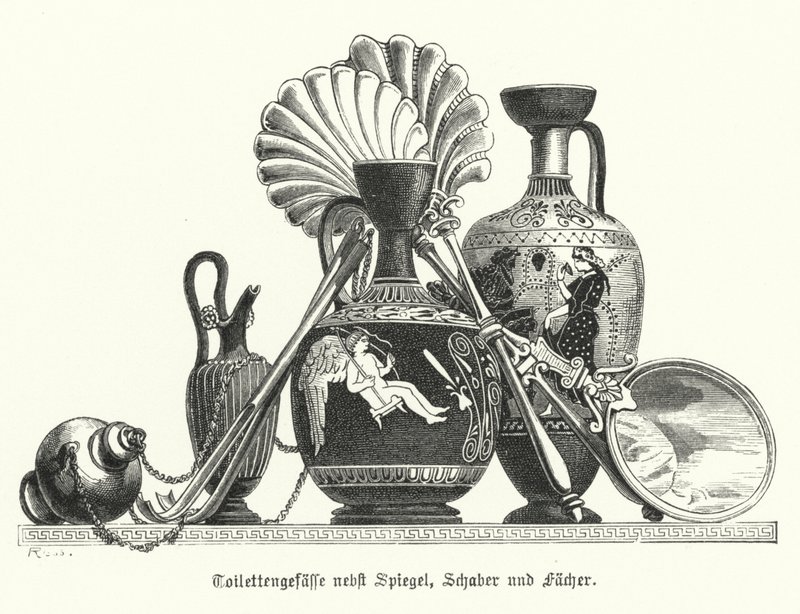 Ancient Greek toiletries vessels together with a mirror, scrapers and fans by German School