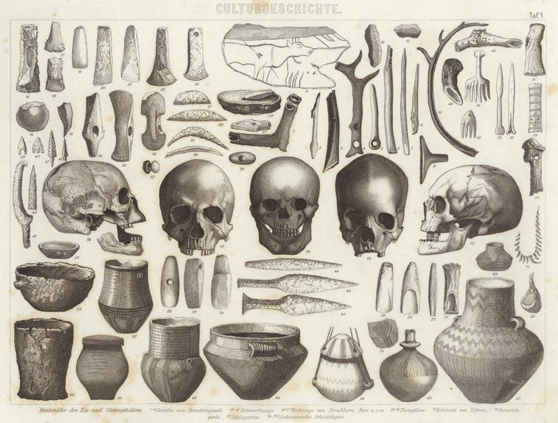 Artefacts from the Ice and Stone Ages (engraving) by German School