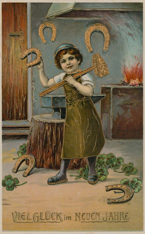 Boy blacksmith making golden horseshoes for New Year luck by German School