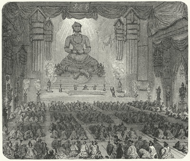 Buddhists Worshipping in a Monastery in Peking (engraving) by German School