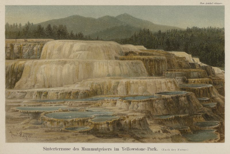 Calcareous sinter terraces at Mammoth Hot Springs in Yellowstone National Park, Wyoming by German School