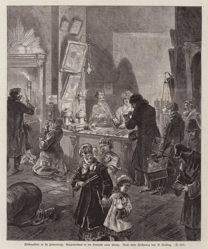 Candles for sale in the vestibule of a church in St Petersburg, Russia, at Christmas by German School