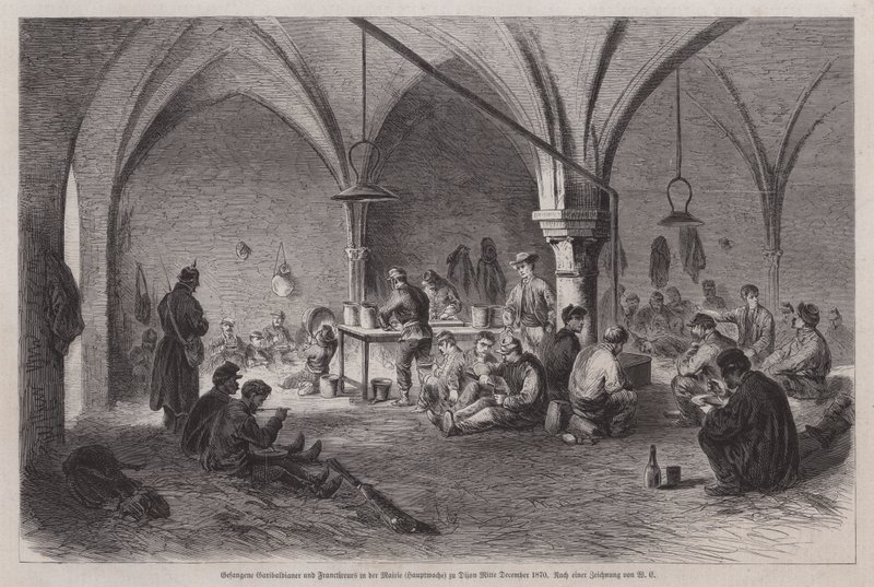 Captured Garibaldians and French franc-tireurs in the town hall of Dijon, France, Franco-Prussian war, mid-December 1870 by German School