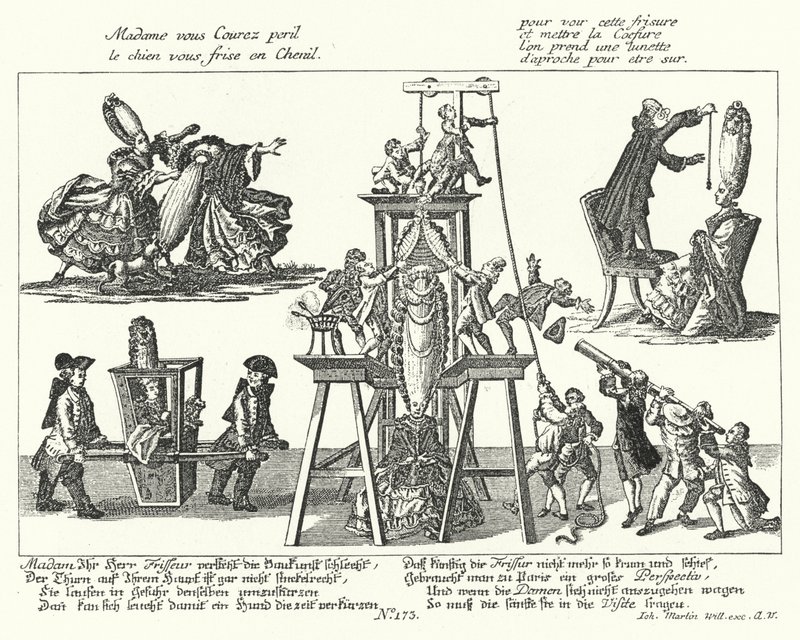 Caricature on the excessively tall wigs worn by fashionable women in the 18th Century by German School