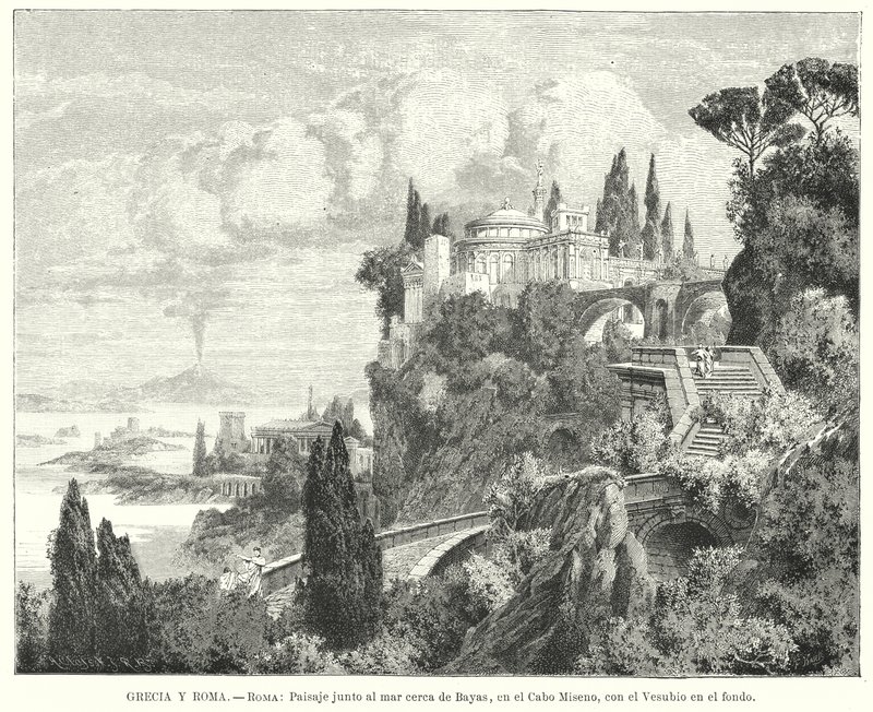 Coastline of the Bay of Naples from the Ancient Roman Town of Baiae, Cape Miseno, with Vesuvius in the Distance by German School