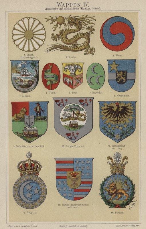 Coats of arms of Hawaii and countries of Asia and Africa by German School