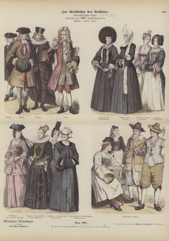 Costumes of the Swiss canton of Zurich, early 18th Century (coloured engraving) by German School