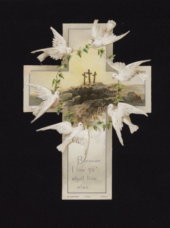 Doves carrying a wreath above the three crosses on the hilltop of Calvary, Christian greetings card by German School