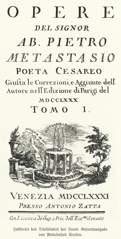 Facsimile of the title page of a Venetian edition of the collected works of Italian poet and librettist Pietro Metastasio by German School