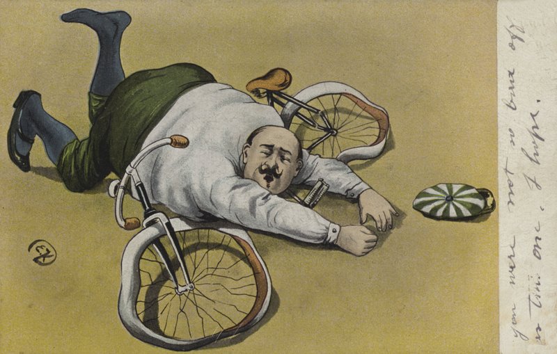 Fat man, fallen off his bicycle by German School