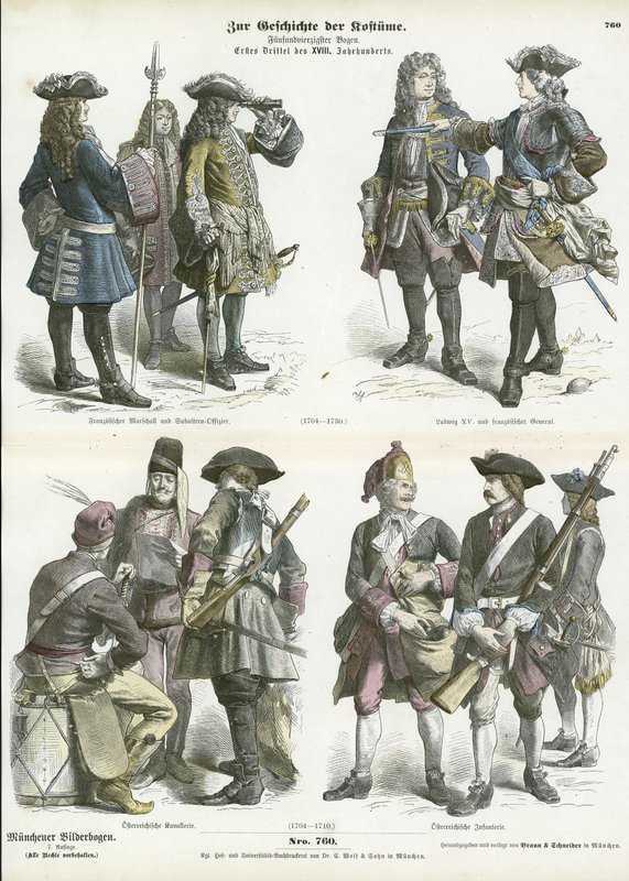 French and Austrian military uniforms, early 18th Century by German School