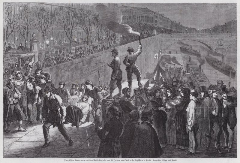 French Soldiers Wounded in the Final Unsuccessful Attempt to Break Out from the Siege of Paris Arriving at the Quai de la Megisserie, Franco-Prussian War, January 1871 by German School