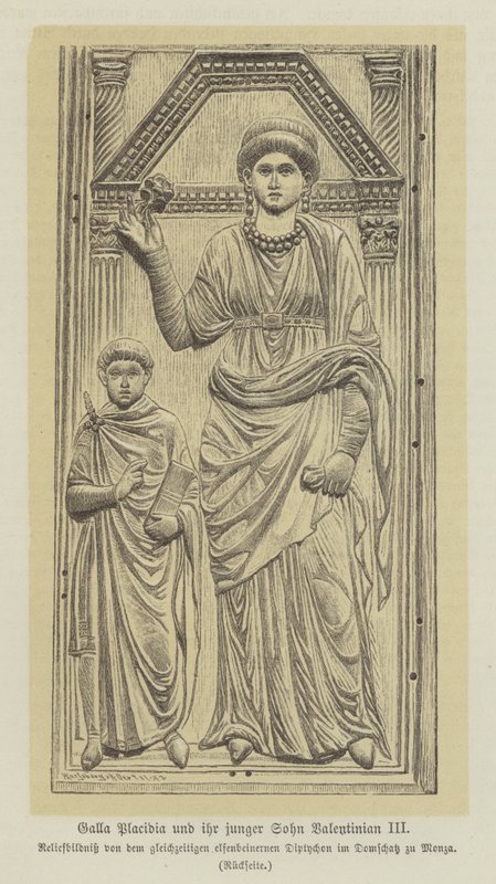 Galla Placidia, daughter of the Roman Emperor Theodisius I, and her son, Valentinian III by German School