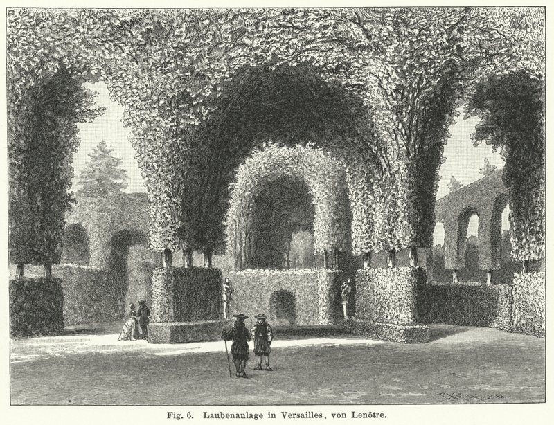 Garden design: arbours in the gardens of Versailles, France, laid out by Andre le Notre in the 17th Century by German School
