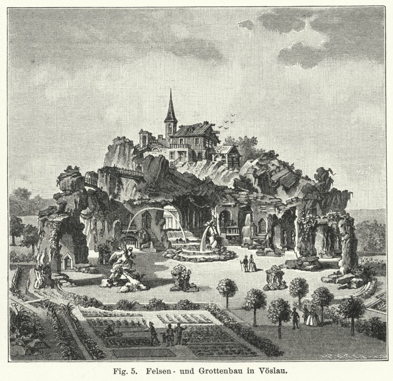 Garden design: grotto mountain in the garden of Count Johann von Fries, Voslau, Austria by German School