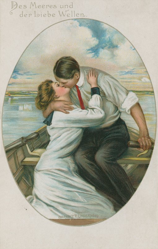 German man and woman kissing in a boat by German School
